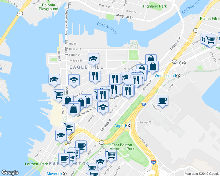 map of restaurants, bars, coffee shops, grocery stores, and more near 245 Saratoga Street in Boston