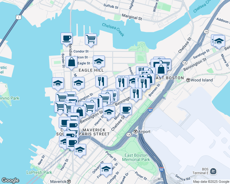 map of restaurants, bars, coffee shops, grocery stores, and more near 245 Saratoga Street in Boston