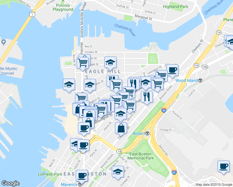 map of restaurants, bars, coffee shops, grocery stores, and more near 143 Princeton Street in Boston