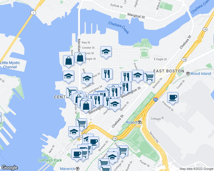 map of restaurants, bars, coffee shops, grocery stores, and more near in Boston