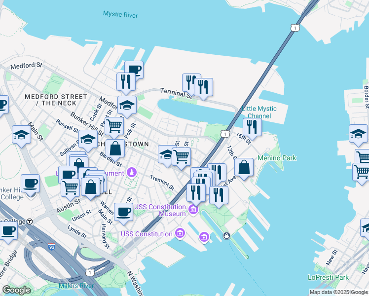 map of restaurants, bars, coffee shops, grocery stores, and more near 15 Tufts Street in Boston