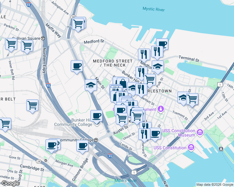 map of restaurants, bars, coffee shops, grocery stores, and more near 14 Sullivan Street in Boston