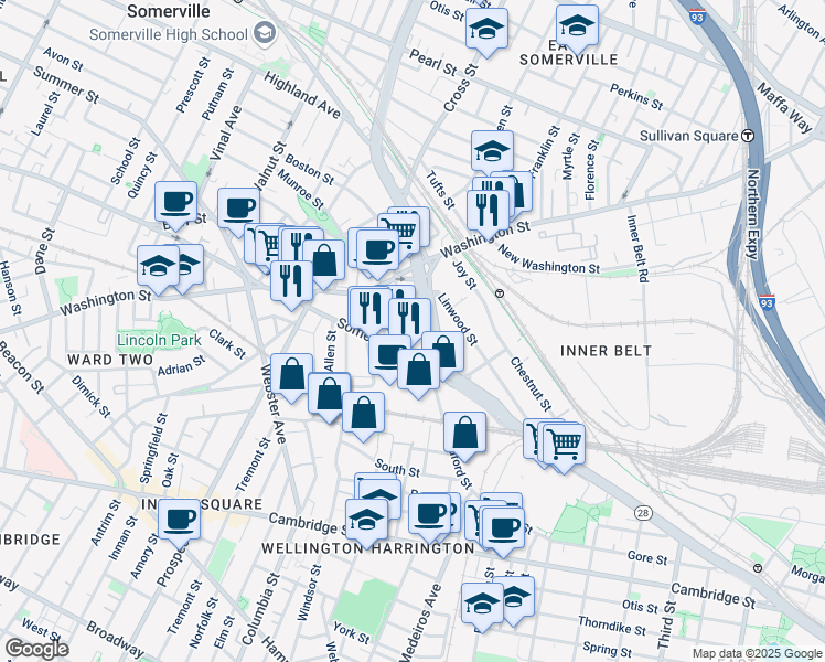map of restaurants, bars, coffee shops, grocery stores, and more near 185 Somerville Avenue in Somerville