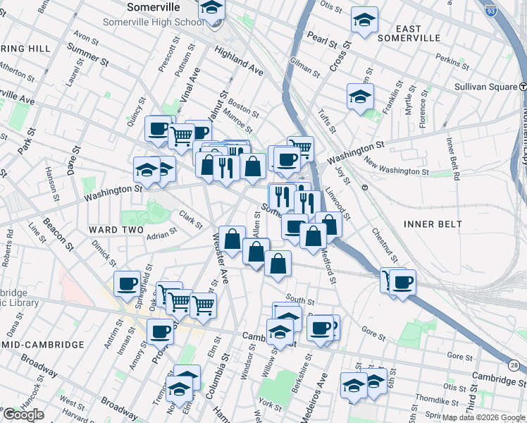 map of restaurants, bars, coffee shops, grocery stores, and more near 12 Linden Street in Somerville
