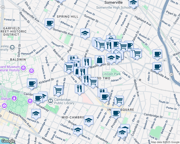 map of restaurants, bars, coffee shops, grocery stores, and more near 35 Rose Street in Somerville