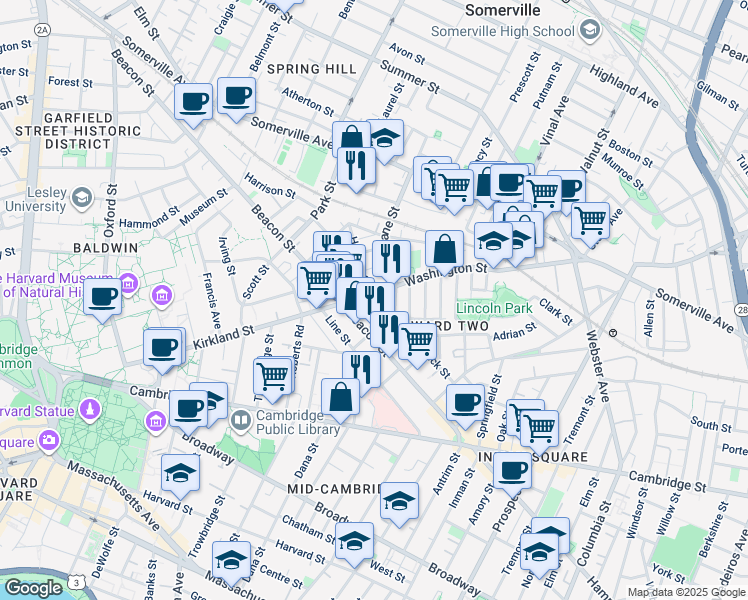 map of restaurants, bars, coffee shops, grocery stores, and more near 24 Beacon Place in Somerville