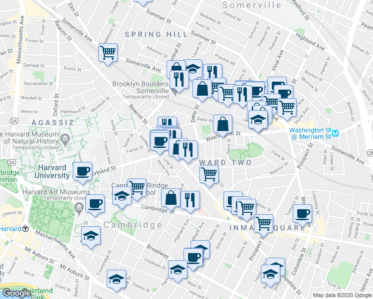 map of restaurants, bars, coffee shops, grocery stores, and more near 24 Beacon Place in Somerville