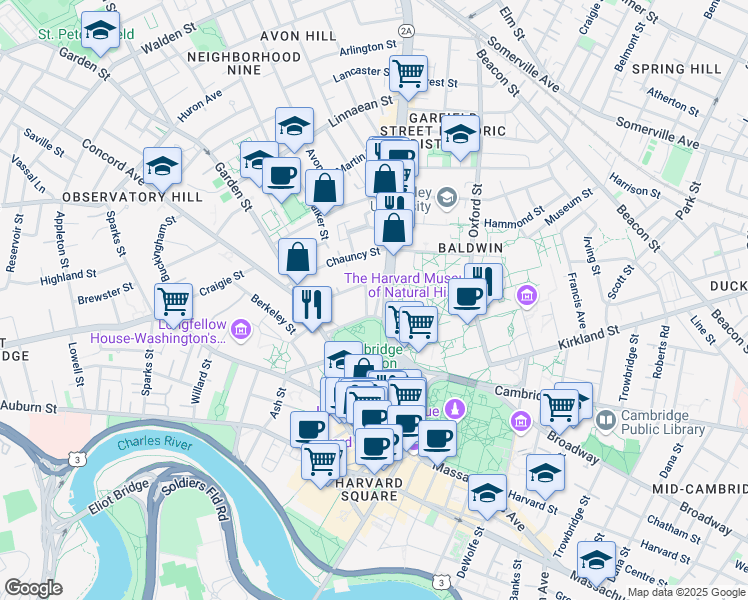 map of restaurants, bars, coffee shops, grocery stores, and more near 50 Follen Street in Cambridge