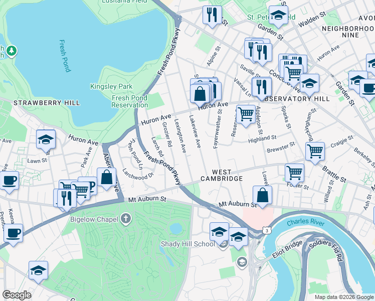 map of restaurants, bars, coffee shops, grocery stores, and more near 72 Lexington Avenue in Cambridge