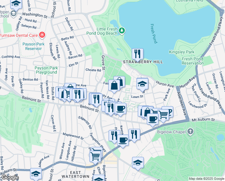 map of restaurants, bars, coffee shops, grocery stores, and more near 53 Dartmouth Street in Belmont
