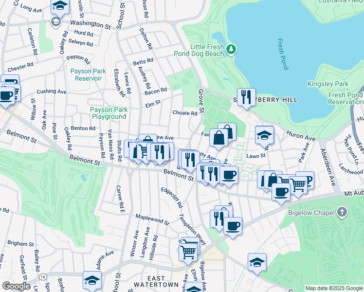 map of restaurants, bars, coffee shops, grocery stores, and more near 74 Unity Avenue in Belmont