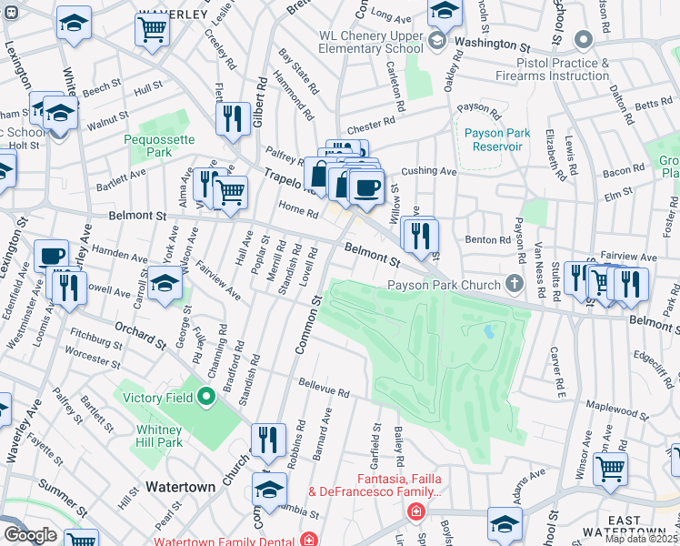 map of restaurants, bars, coffee shops, grocery stores, and more near 25 Avon Road in Watertown