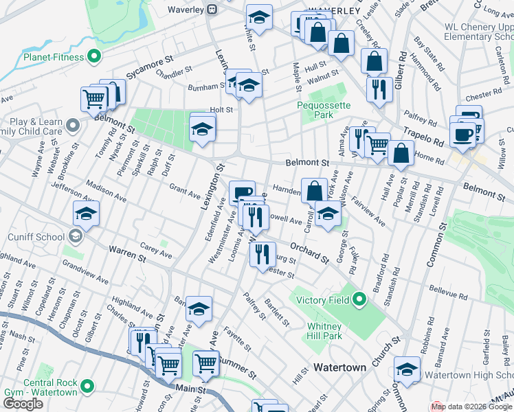 map of restaurants, bars, coffee shops, grocery stores, and more near 5 Lowell Avenue in Watertown