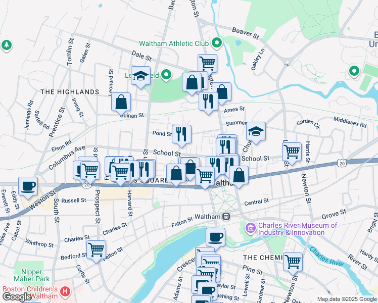 map of restaurants, bars, coffee shops, grocery stores, and more near 186 School Street in Waltham