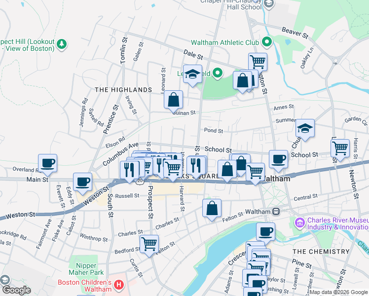 map of restaurants, bars, coffee shops, grocery stores, and more near 48 Fiske Street in Waltham