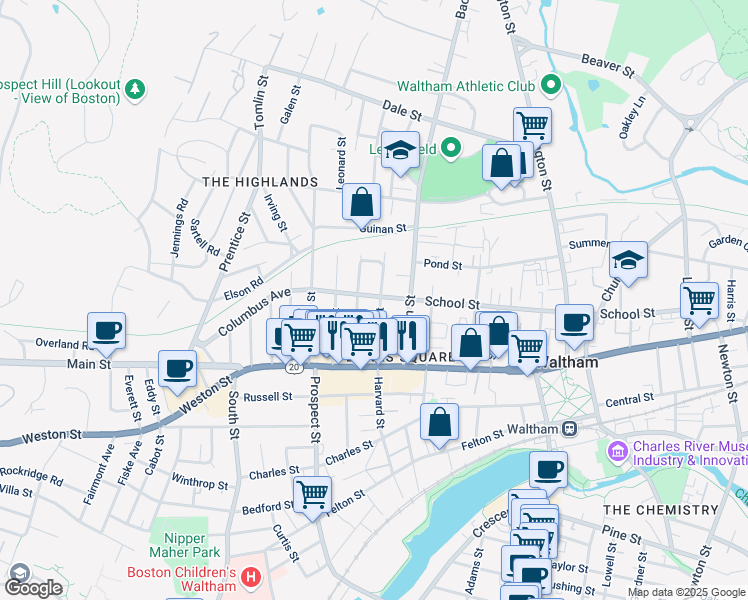 map of restaurants, bars, coffee shops, grocery stores, and more near 48 Fiske Street in Waltham