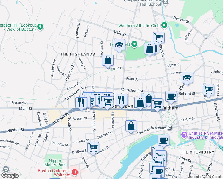 map of restaurants, bars, coffee shops, grocery stores, and more near 48 Fiske Street in Waltham