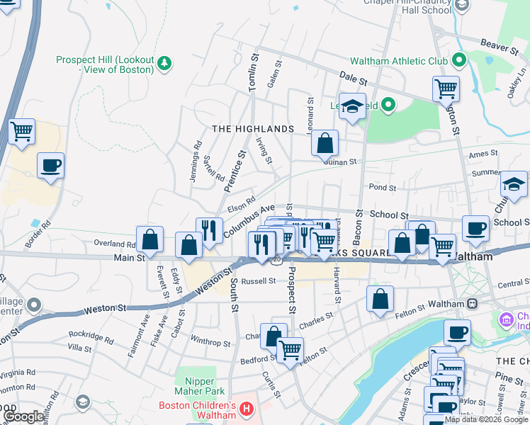 map of restaurants, bars, coffee shops, grocery stores, and more near 43 Wellington Street in Waltham