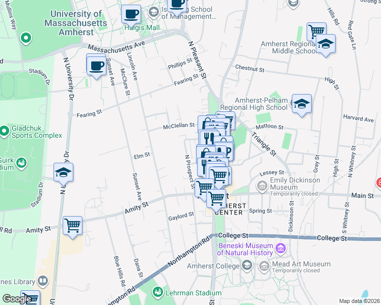 map of restaurants, bars, coffee shops, grocery stores, and more near 57 North Prospect Street in Amherst