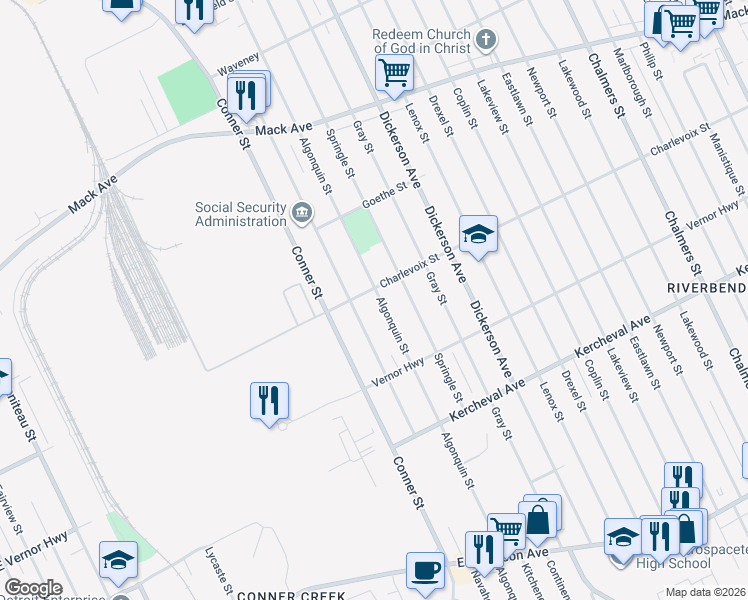 map of restaurants, bars, coffee shops, grocery stores, and more near 2647 Algonquin Street in Detroit