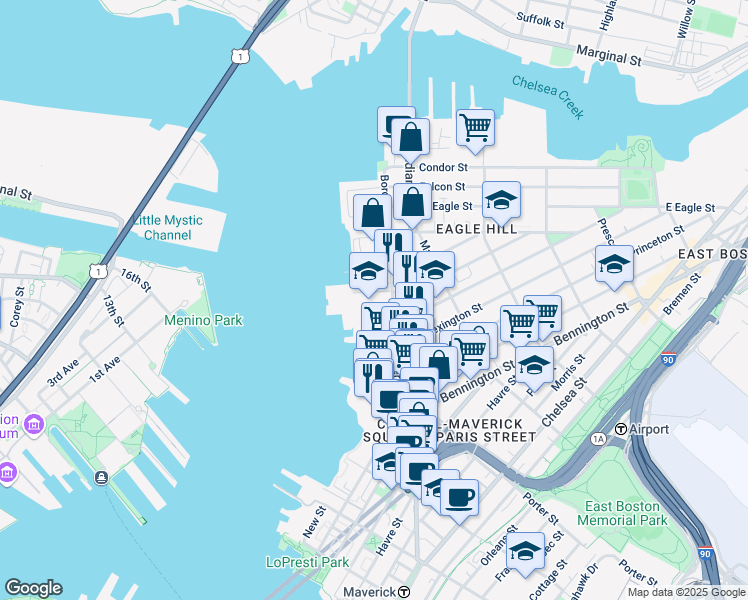 map of restaurants, bars, coffee shops, grocery stores, and more near 312 Border Street in Boston