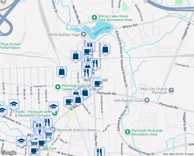 map of restaurants, bars, coffee shops, grocery stores, and more near 148 East Spring Street in Plymouth