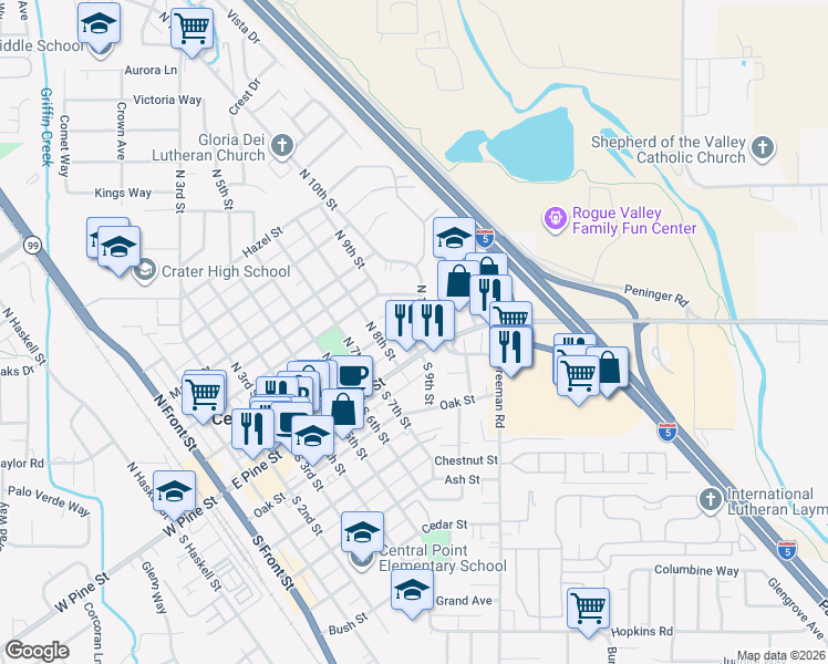 map of restaurants, bars, coffee shops, grocery stores, and more near 919 East Pine Street in Central Point