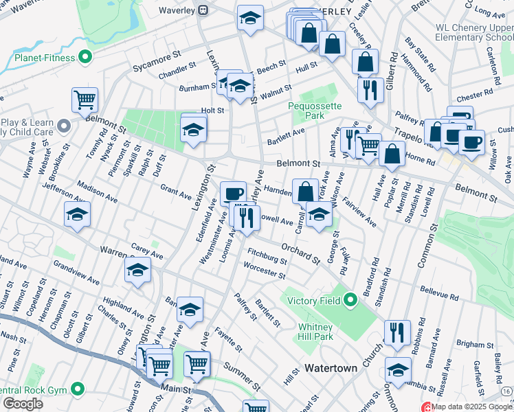 map of restaurants, bars, coffee shops, grocery stores, and more near 36 Lowell Avenue in Watertown