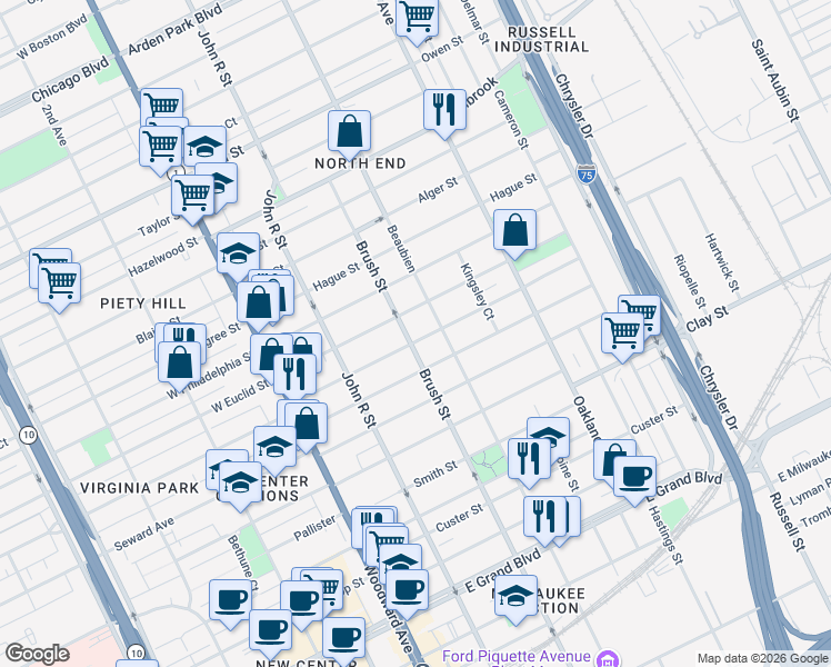 map of restaurants, bars, coffee shops, grocery stores, and more near 409 Melbourne Street in Detroit