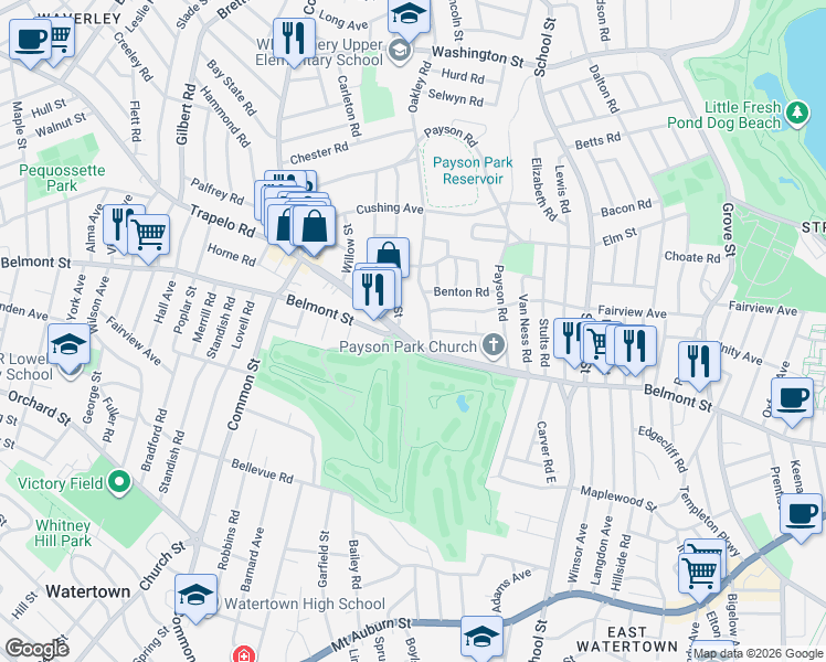map of restaurants, bars, coffee shops, grocery stores, and more near 5 Trapelo Road in Belmont