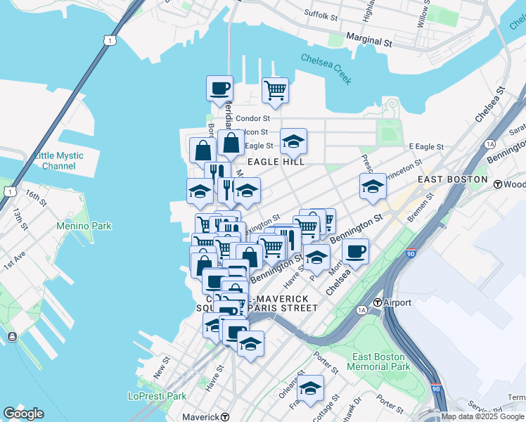 map of restaurants, bars, coffee shops, grocery stores, and more near 57 Trenton Street in Boston