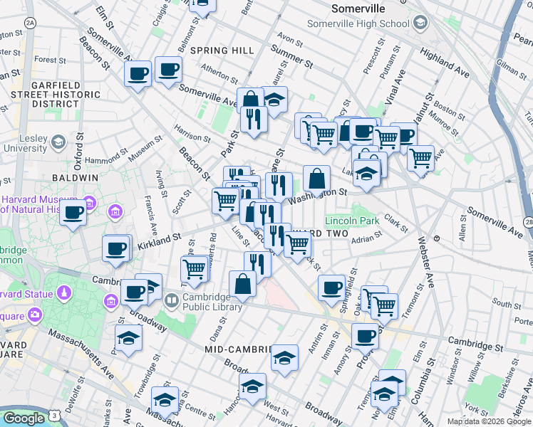 map of restaurants, bars, coffee shops, grocery stores, and more near 386 Washington Street in Somerville