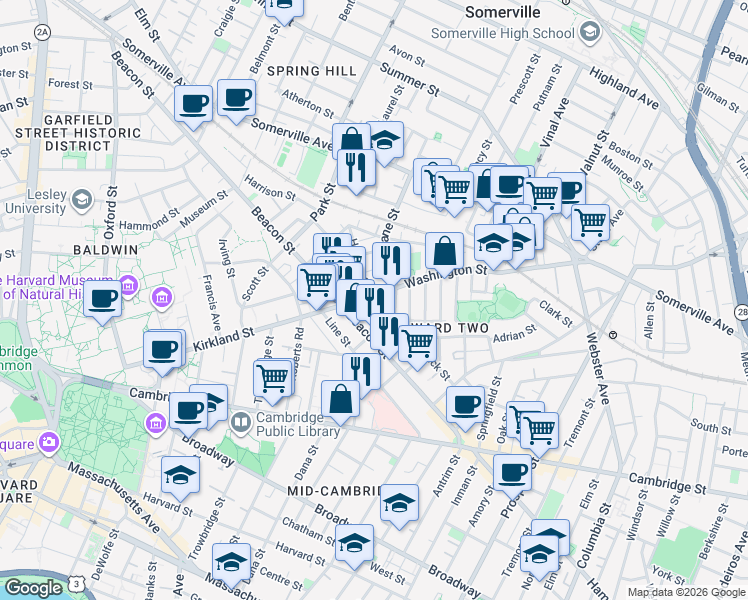 map of restaurants, bars, coffee shops, grocery stores, and more near 386 Washington Street in Somerville