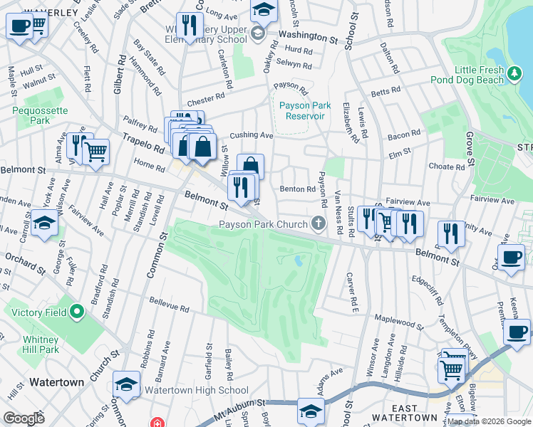 map of restaurants, bars, coffee shops, grocery stores, and more near 5 Trapelo Road in Belmont