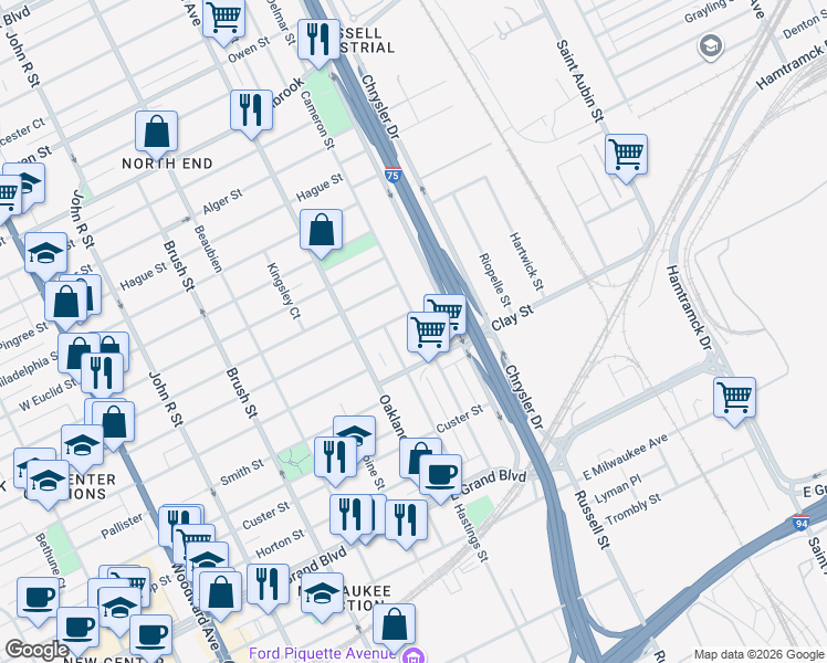 map of restaurants, bars, coffee shops, grocery stores, and more near 7836 Melrose Street in Detroit