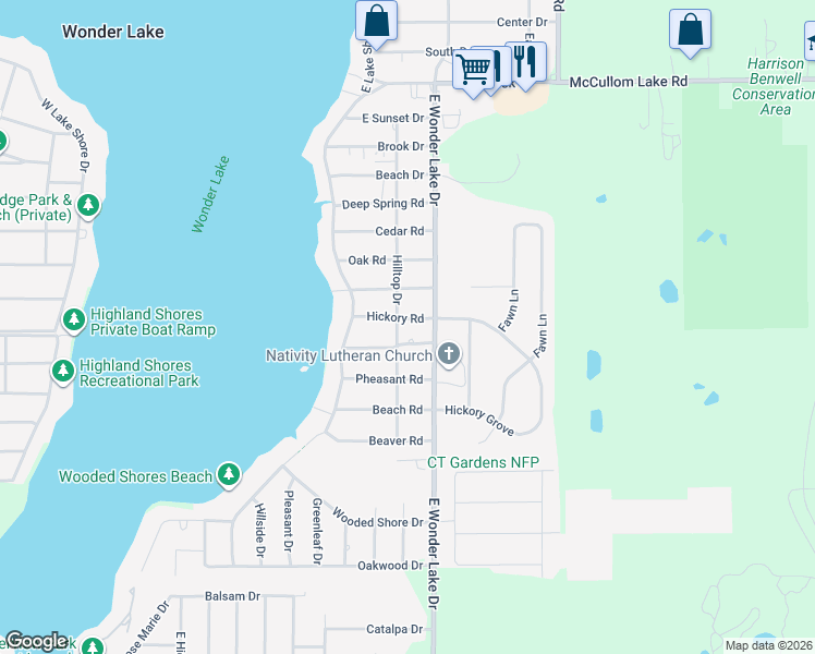 map of restaurants, bars, coffee shops, grocery stores, and more near 7616 Orchard Road in Wonder Lake