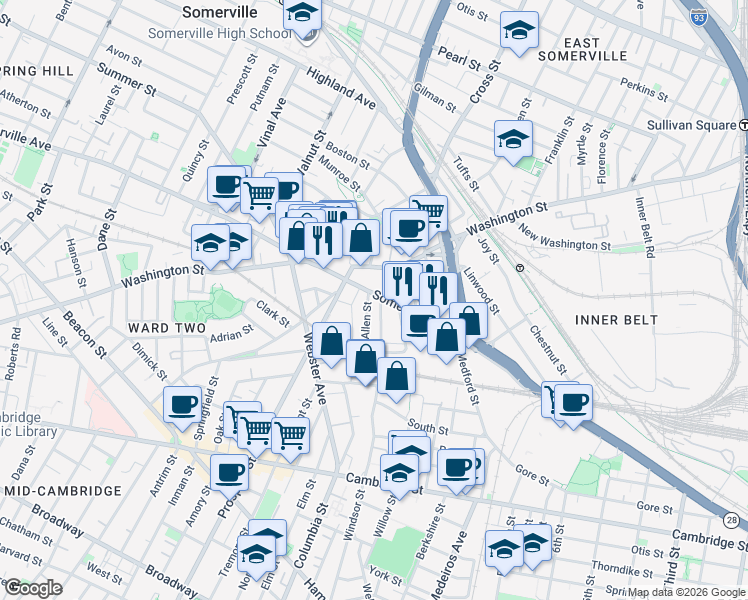map of restaurants, bars, coffee shops, grocery stores, and more near 12 Linden Street in Somerville