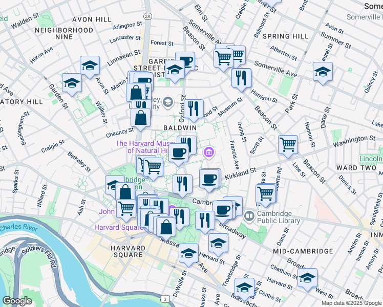 map of restaurants, bars, coffee shops, grocery stores, and more near 26 Oxford Street in Cambridge