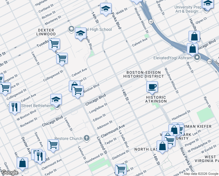 map of restaurants, bars, coffee shops, grocery stores, and more near 2324 Chicago Boulevard in Detroit