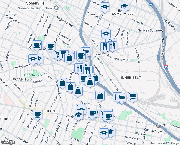 map of restaurants, bars, coffee shops, grocery stores, and more near 185 Somerville Avenue in Somerville