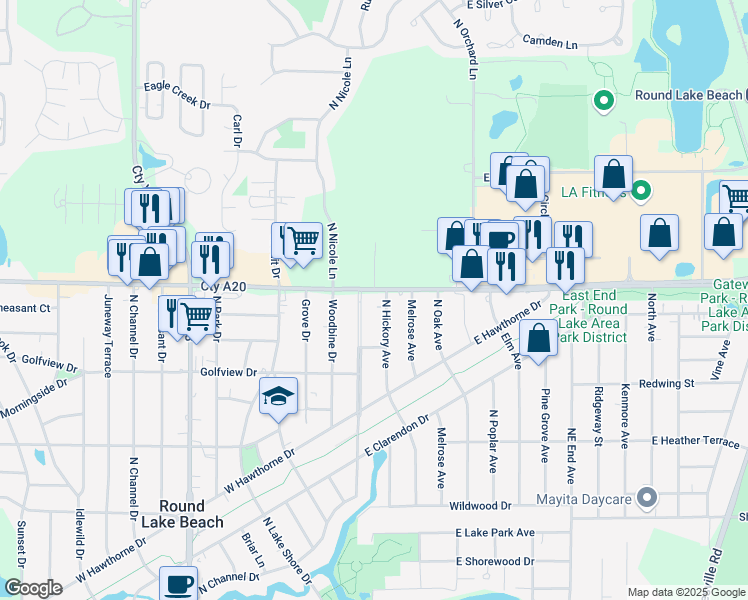 map of restaurants, bars, coffee shops, grocery stores, and more near 1620 North Hickory Avenue in Round Lake Beach