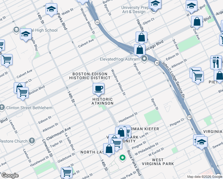 map of restaurants, bars, coffee shops, grocery stores, and more near 1674 Atkinson Street in Detroit
