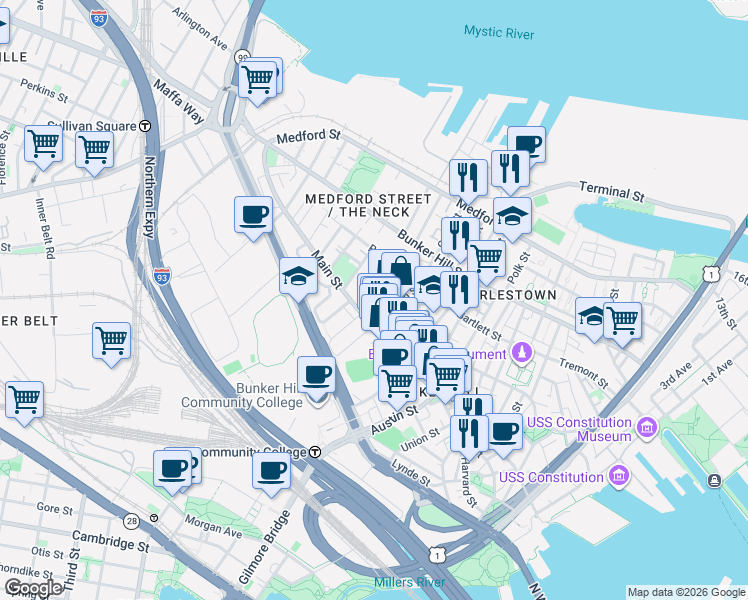 map of restaurants, bars, coffee shops, grocery stores, and more near 14 Sullivan Street in Boston