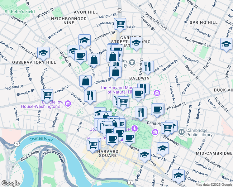 map of restaurants, bars, coffee shops, grocery stores, and more near 1563 Massachusetts Avenue in Cambridge