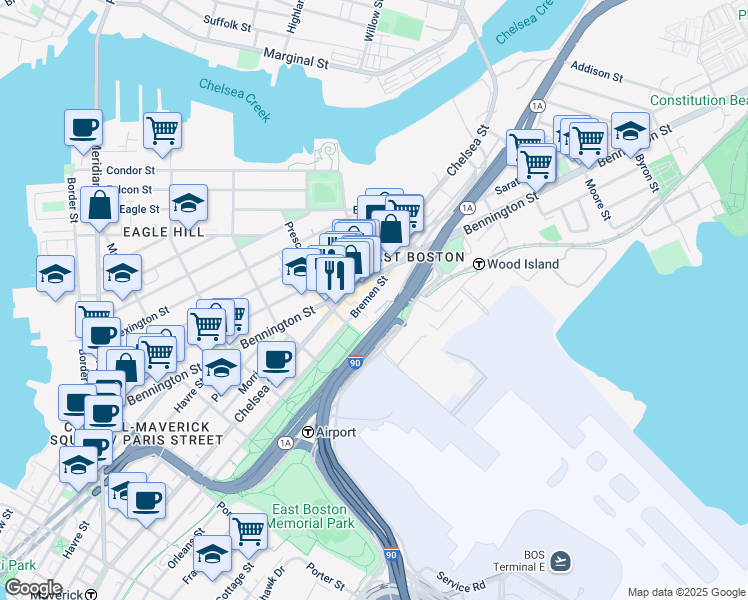 map of restaurants, bars, coffee shops, grocery stores, and more near 375 Bremen Street in Boston