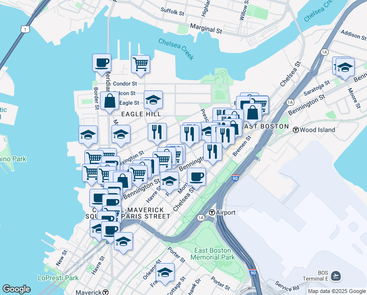 map of restaurants, bars, coffee shops, grocery stores, and more near 245 Saratoga Street in Boston