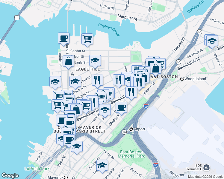 map of restaurants, bars, coffee shops, grocery stores, and more near 245 Saratoga Street in Boston