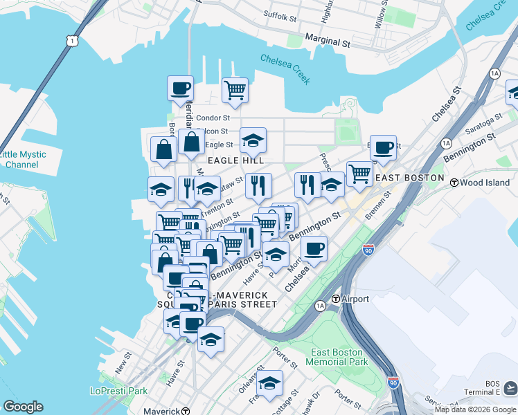 map of restaurants, bars, coffee shops, grocery stores, and more near 129 Lexington Street in Boston