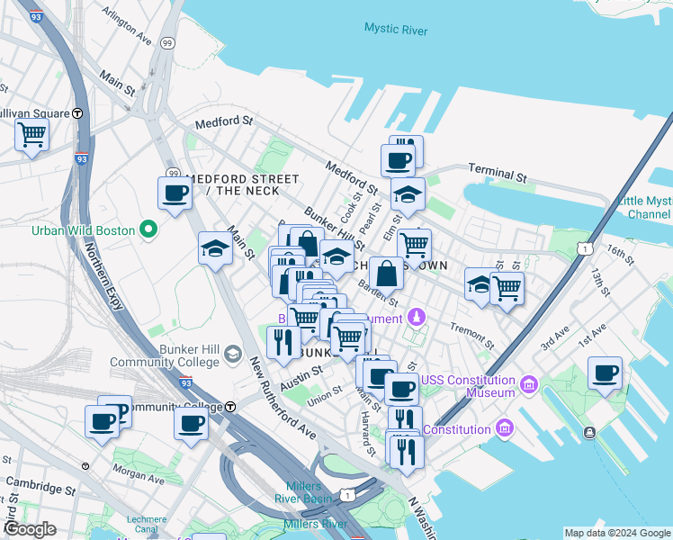 map of restaurants, bars, coffee shops, grocery stores, and more near 51 School Street in Boston