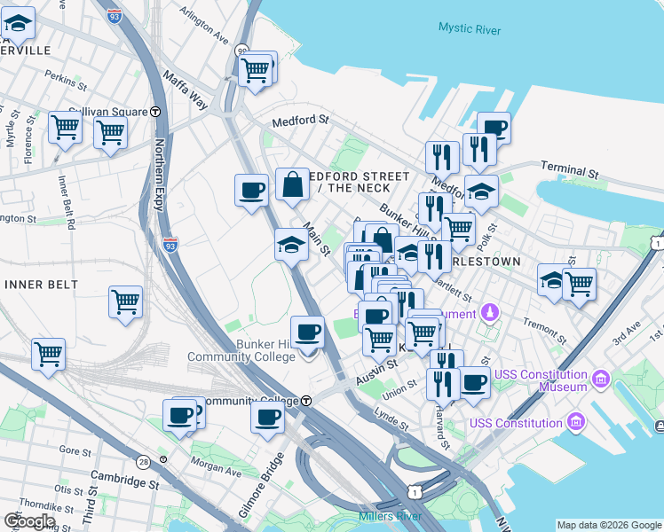 map of restaurants, bars, coffee shops, grocery stores, and more near 10 Tibbetts Town Way in Boston